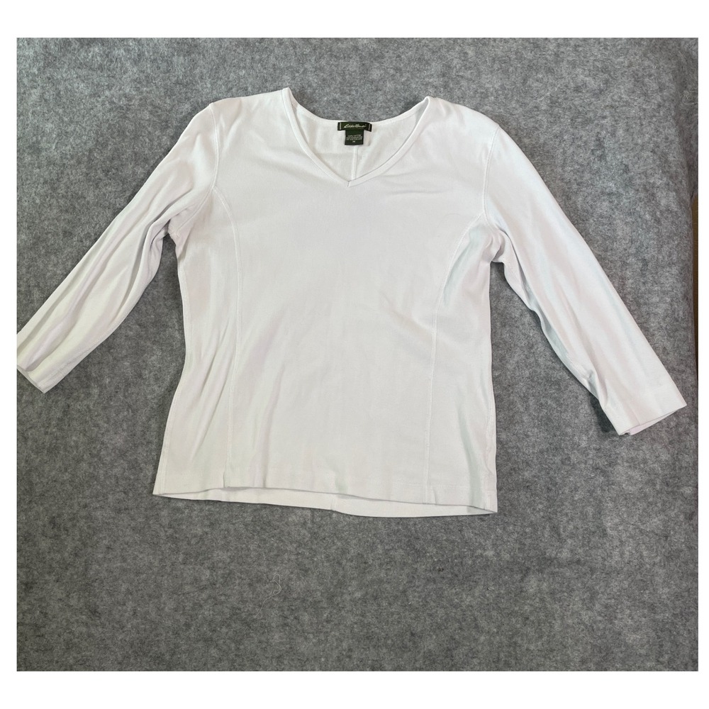 Eddie Bauer Womens White Cotton Ribbed V-Neck Seamed Long Sleeve Top Size M